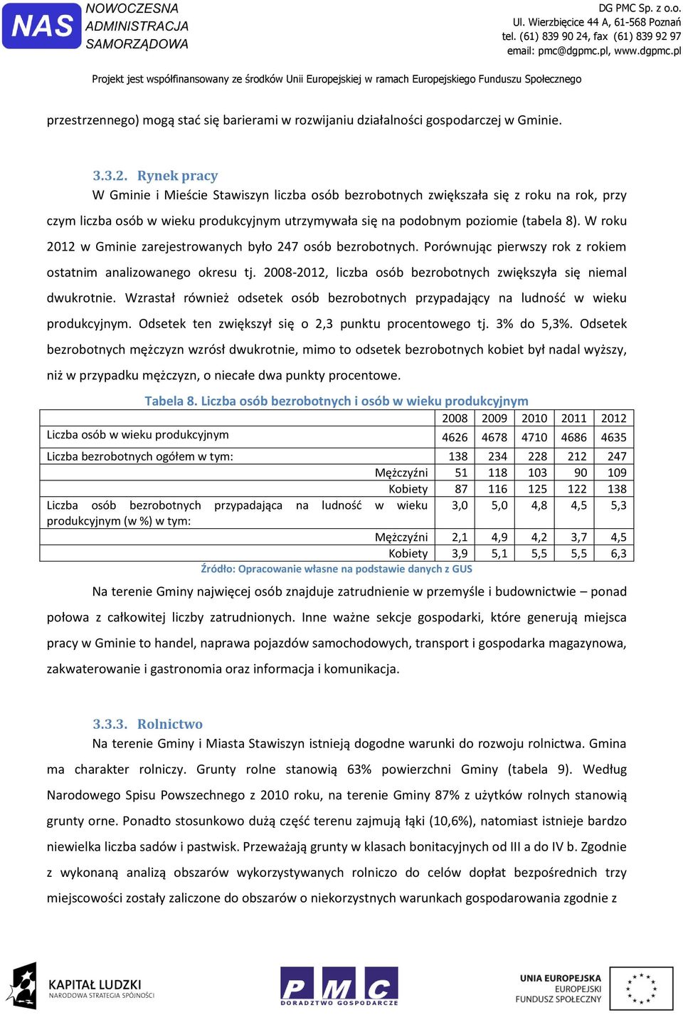 W roku 2012 w Gminie zarejestrowanych było 247 osób bezrobotnych. Porównując pierwszy rok z rokiem ostatnim analizowanego okresu tj.