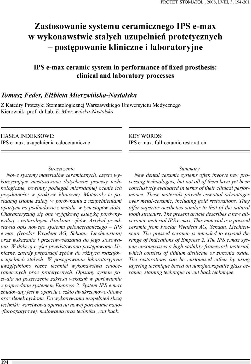 prosthesis: clinical and laboratory processes Tomasz Feder, El