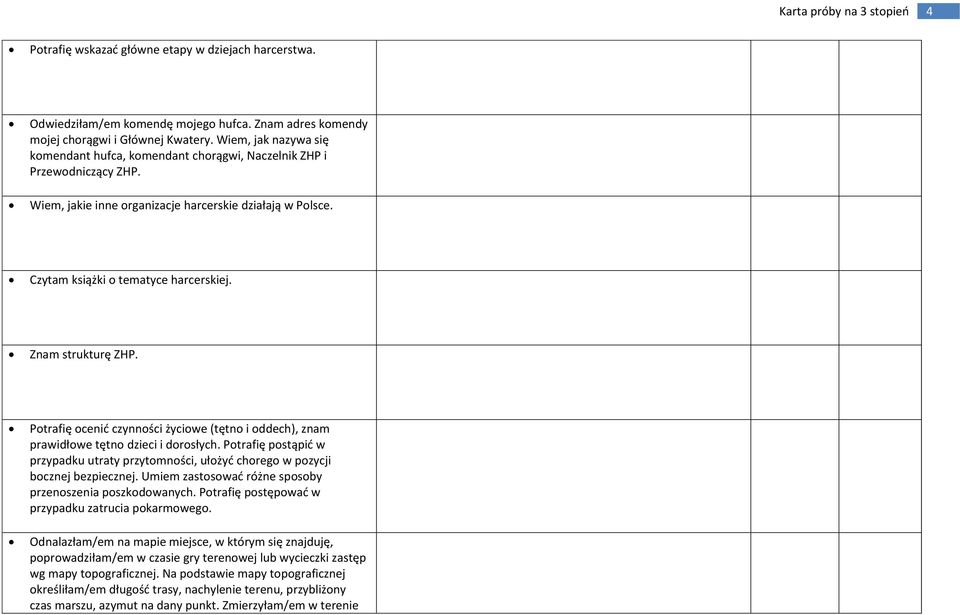 Znam strukturę ZHP. Potrafię ocenić czynności życiowe (tętno i oddech), znam prawidłowe tętno dzieci i dorosłych.