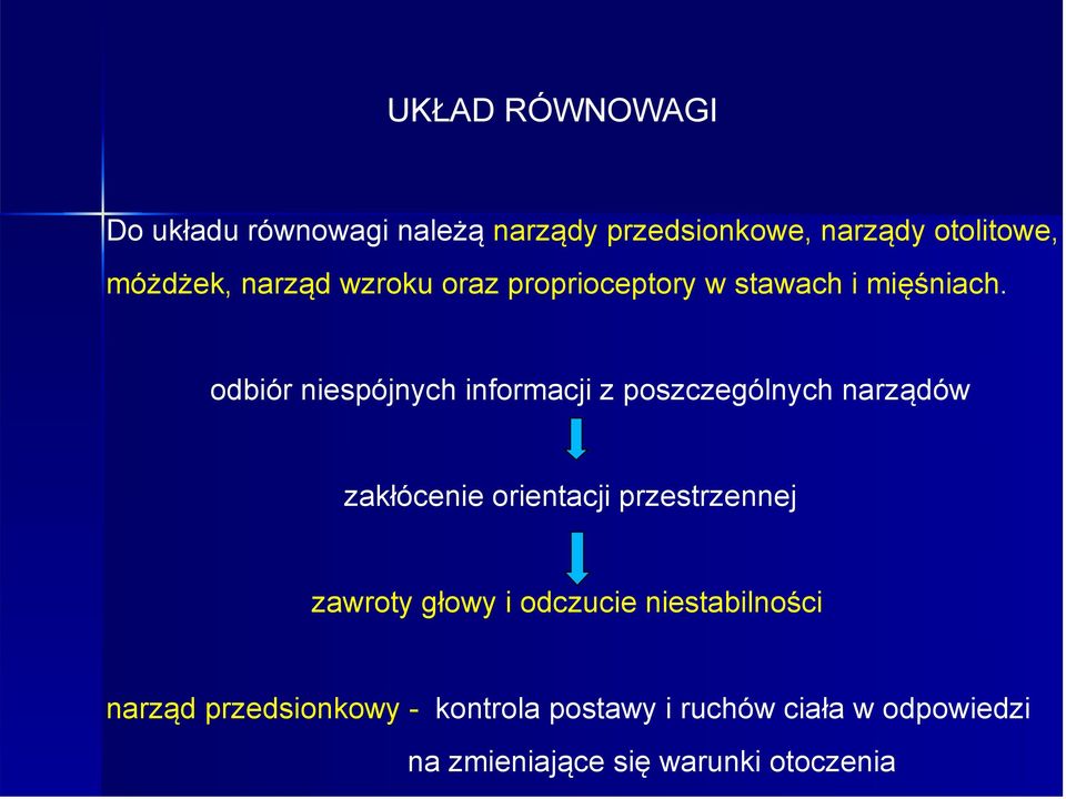 odbiór niespójnych informacji z poszczególnych narządów zakłócenie orientacji przestrzennej