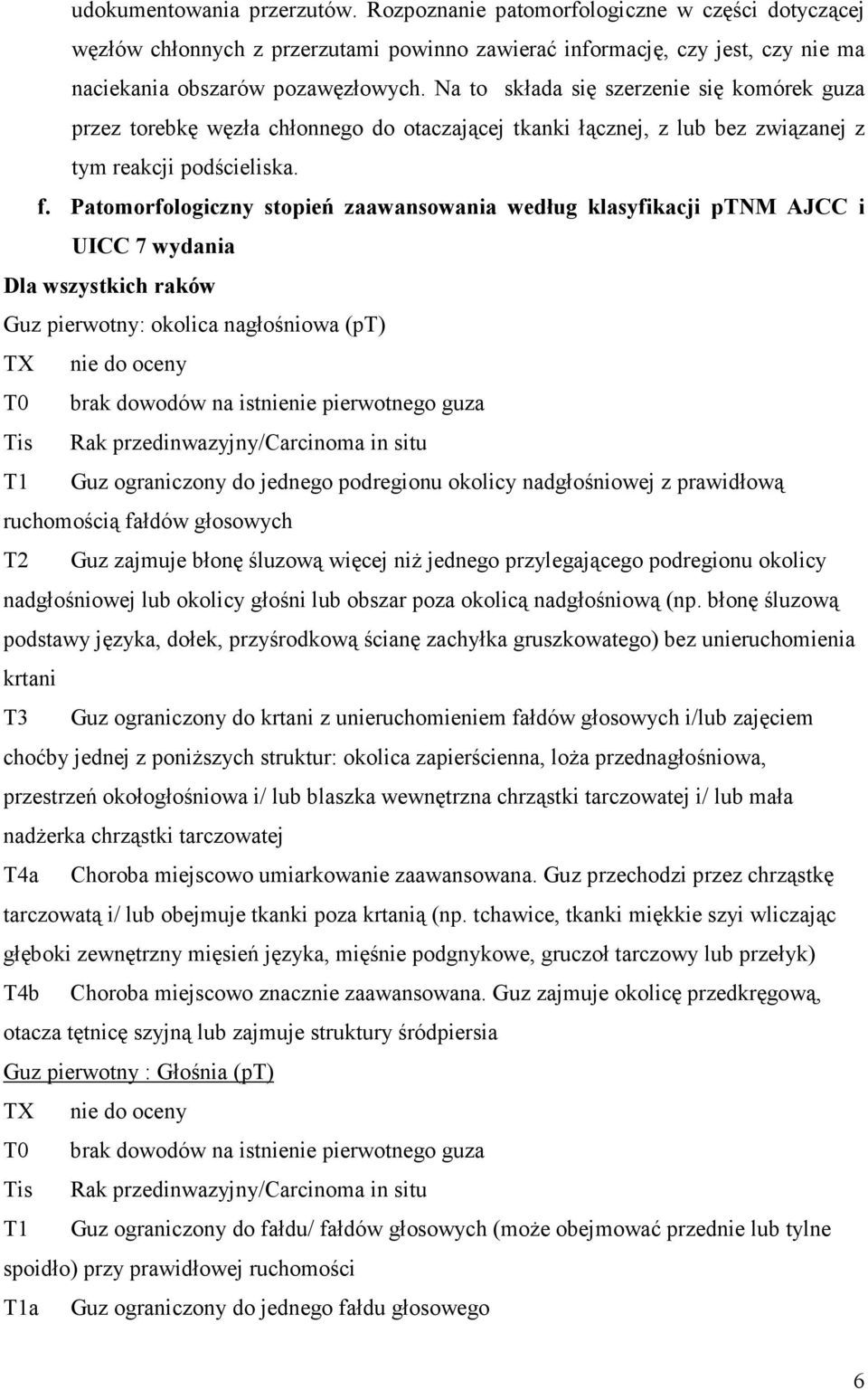 Patomorfologiczny stopień zaawansowania według klasyfikacji ptnm AJCC i UICC 7 wydania Dla wszystkich raków Guz pierwotny: okolica nagłośniowa (pt) TX nie do oceny T0 brak dowodów na istnienie