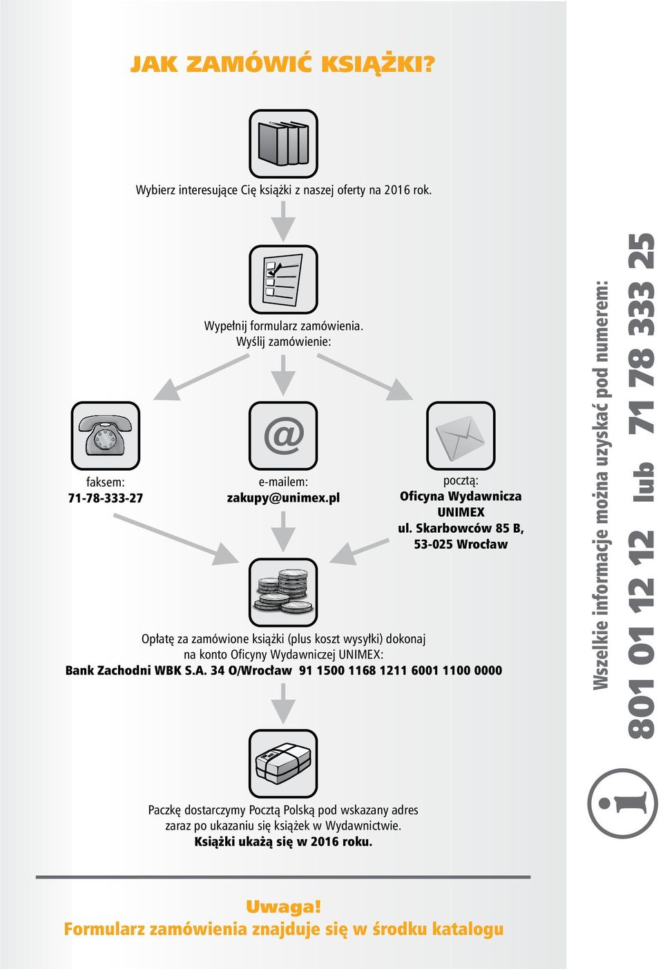 Skarbowców 85B, 53-025 Wrocław Opłatę za zamówioneksiążki (plus koszt wysyłki) dokonaj na kontooficyny Wydawniczej UNIMEX: Bank Zachodni WBK S.A.