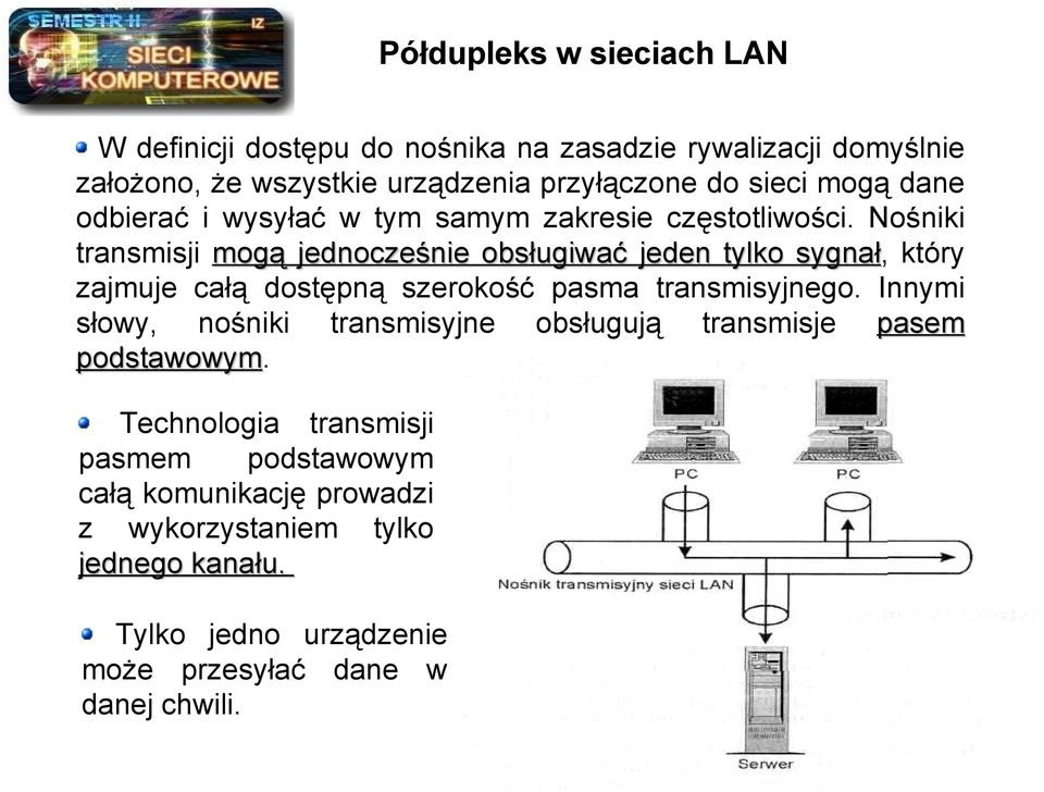 Nośniki transmisji mogą jednocześnie obsługiwać jeden tylko sygnał, który zajmuje całą dostępną szerokość pasma transmisyjnego.