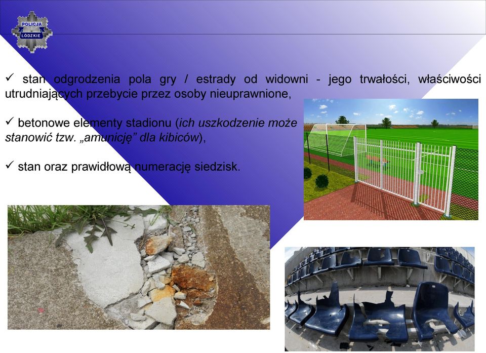 nieuprawnione, betonowe elementy stadionu (ich uszkodzenie może