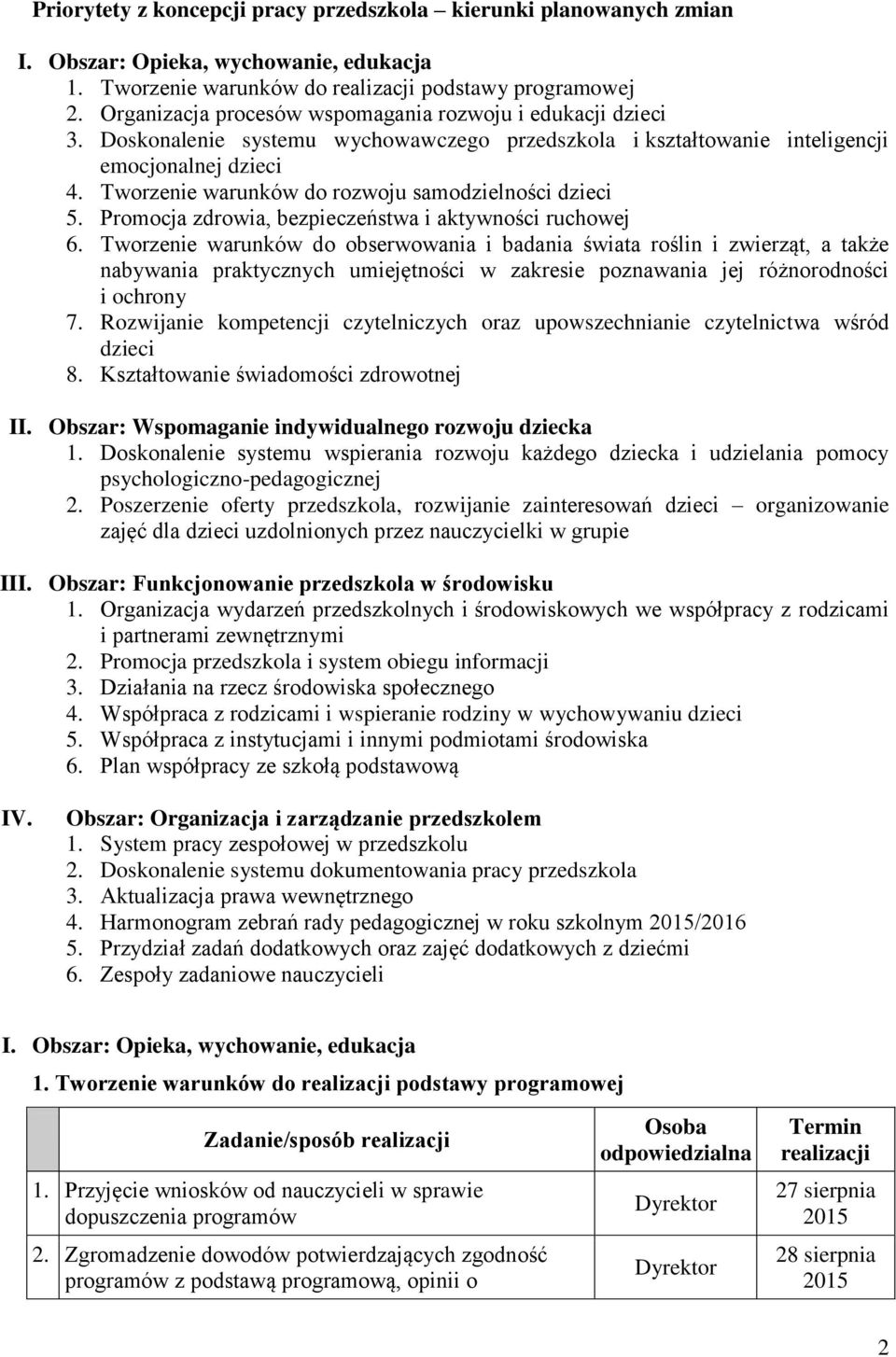 Tworzenie warunków do rozwoju samodzielności dzieci 5. Promocja zdrowia, bezpieczeństwa i aktywności ruchowej 6.