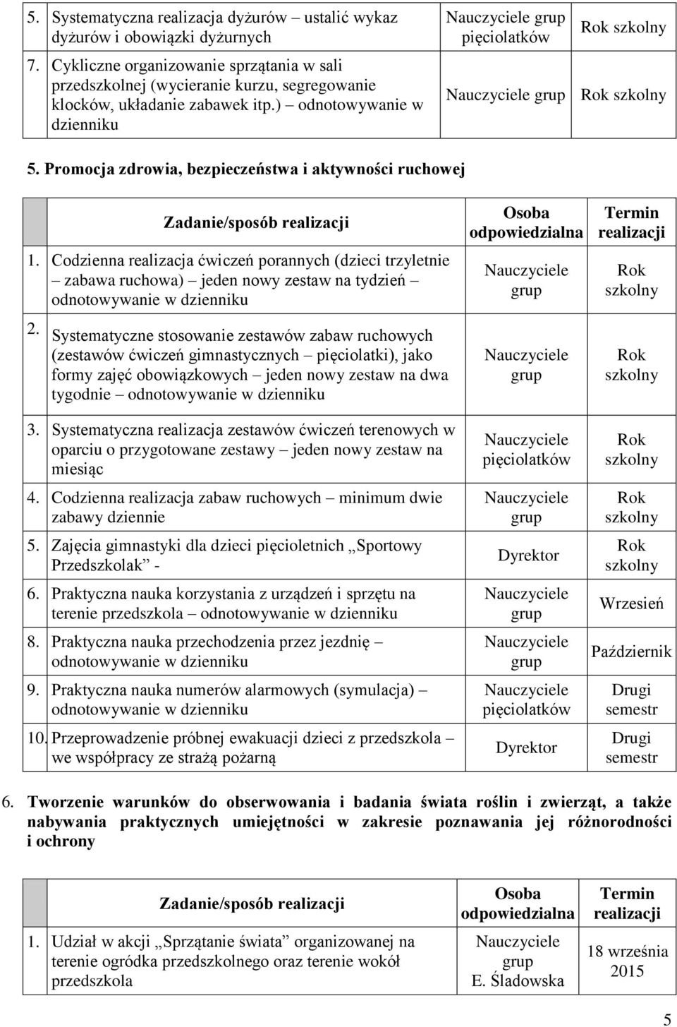 Promocja zdrowia, bezpieczeństwa i aktywności ruchowej 1. Codzienna realizacja ćwiczeń porannych (dzieci trzyletnie zabawa ruchowa) jeden nowy zestaw na tydzień odnotowywanie w dzienniku 2.