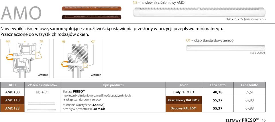 O1 okap standardowy aereco N5 + O1 N5 + O7 400 x 25 x 23 AMO103 AMO102 KOD Złożenie elementów Opis produktu Kolor Cena netto Cena brutto AMO103 N5 + O1 Zestaw