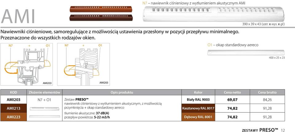 ) 400 x 25 x 23 AMI203 AMI203 KOD Złożenie elementów Opis produktu Kolor Cena netto Cena brutto AMI203 N7 + O1 Zestaw PRESO Biały RAL 9003 69,07 84,26 AMI213 nawiewnik