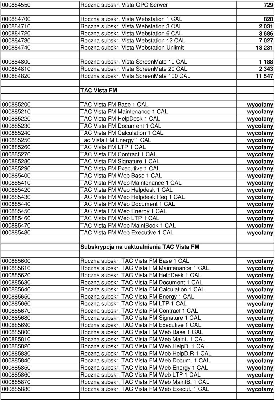 Vista ScreenMate 10 CAL 1 188 000884810 Roczna subskr. Vista ScreenMate 20 CAL 2 343 000884820 Roczna subskr.