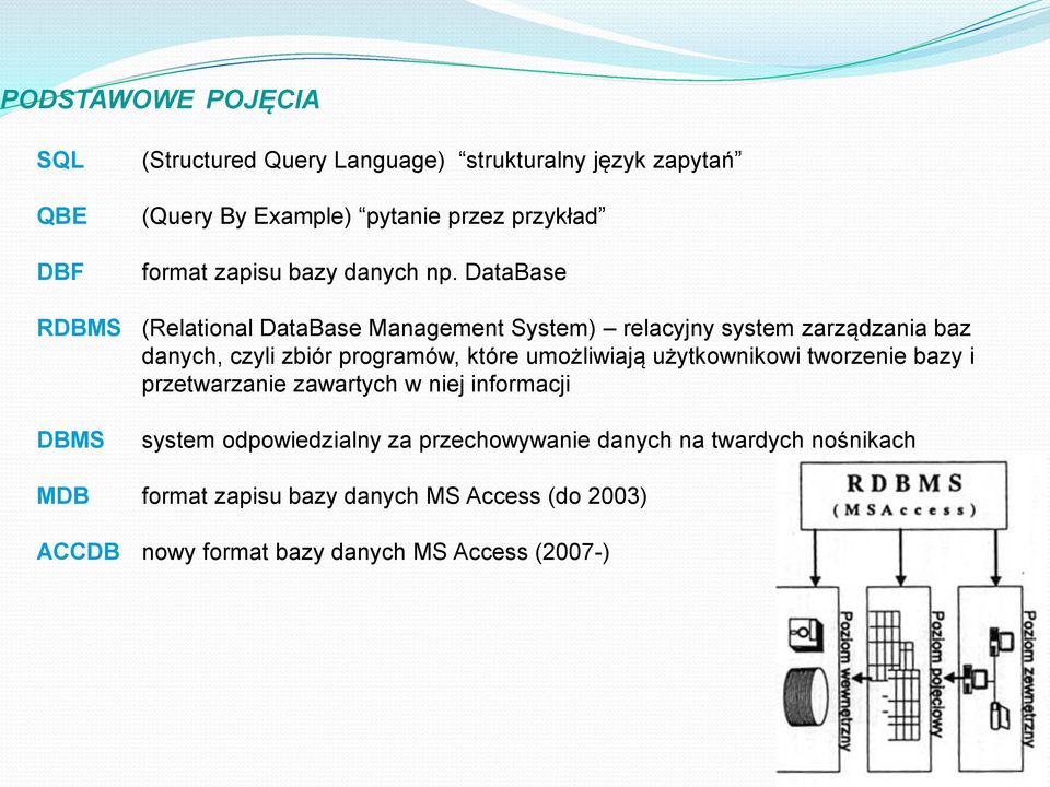 DataBase RDBMS (Relational DataBase Management System) relacyjny system zarządzania baz danych, czyli zbiór programów, które