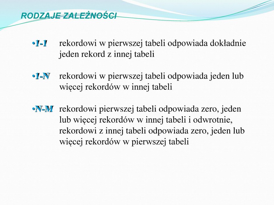 N-M rekordowi pierwszej tabeli odpowiada zero, jeden lub więcej rekordów w innej tabeli i