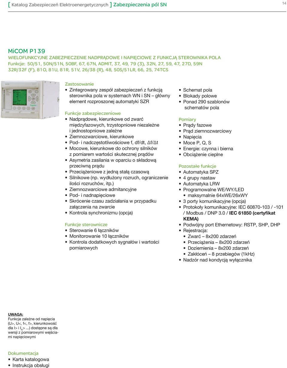 i SN główny element rozproszonej automatyki SZR Nadprądowe, kierunkowe od zwarć międzyfazowych, trzystopniowe niezależne i jednostopniowe zależne Ziemnozwarciowe, kierunkowe Pod- i