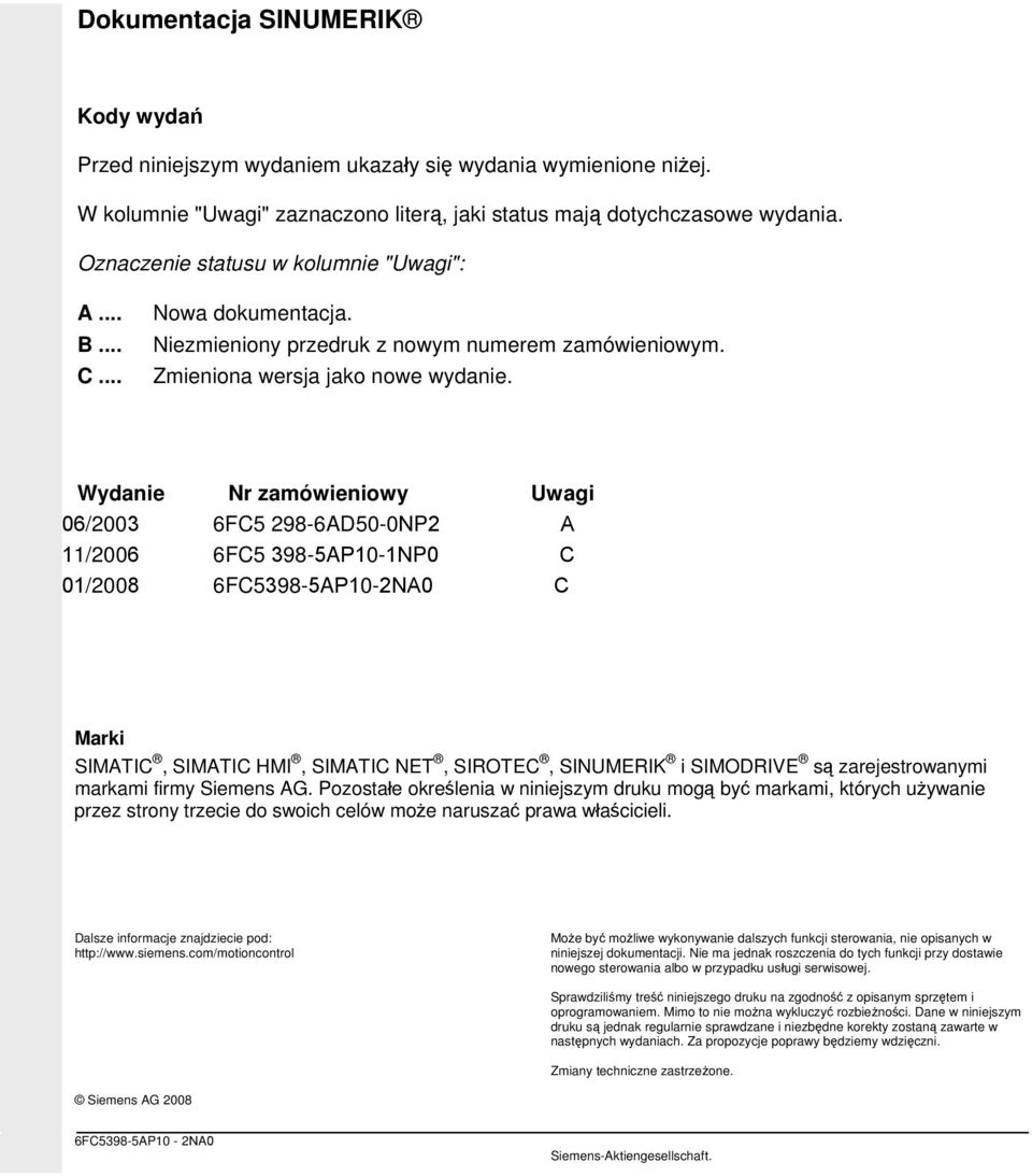 Wydanie Nr zamówieniowy Uwagi 06/2003 6FC5 298-6AD50-0NP2 A 11/2006 6FC5 398-5AP10-1NP0 C 01/2008 6FC5398-5AP10-2NA0 C Marki SIMATIC, SIMATIC HMI, SIMATIC NET, SIROTEC, SINUMERIK i SIMODRIVE są