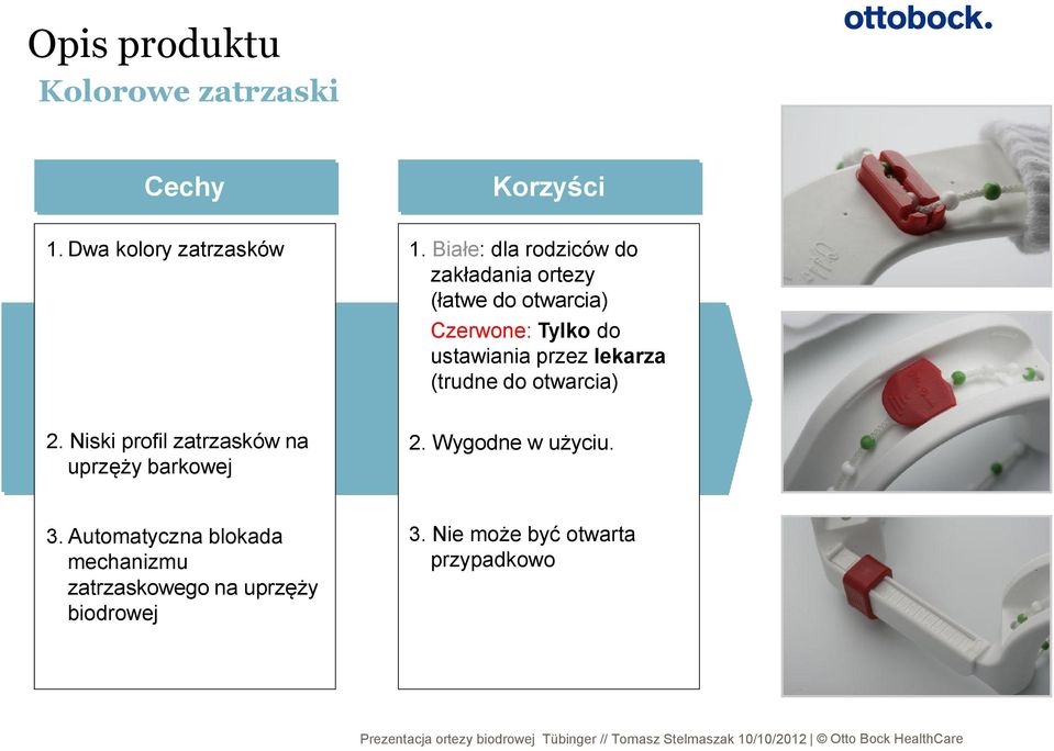 Białe: dla rodziców do zakładania ortezy (łatwe do otwarcia) Czerwone: Tylko do ustawiania