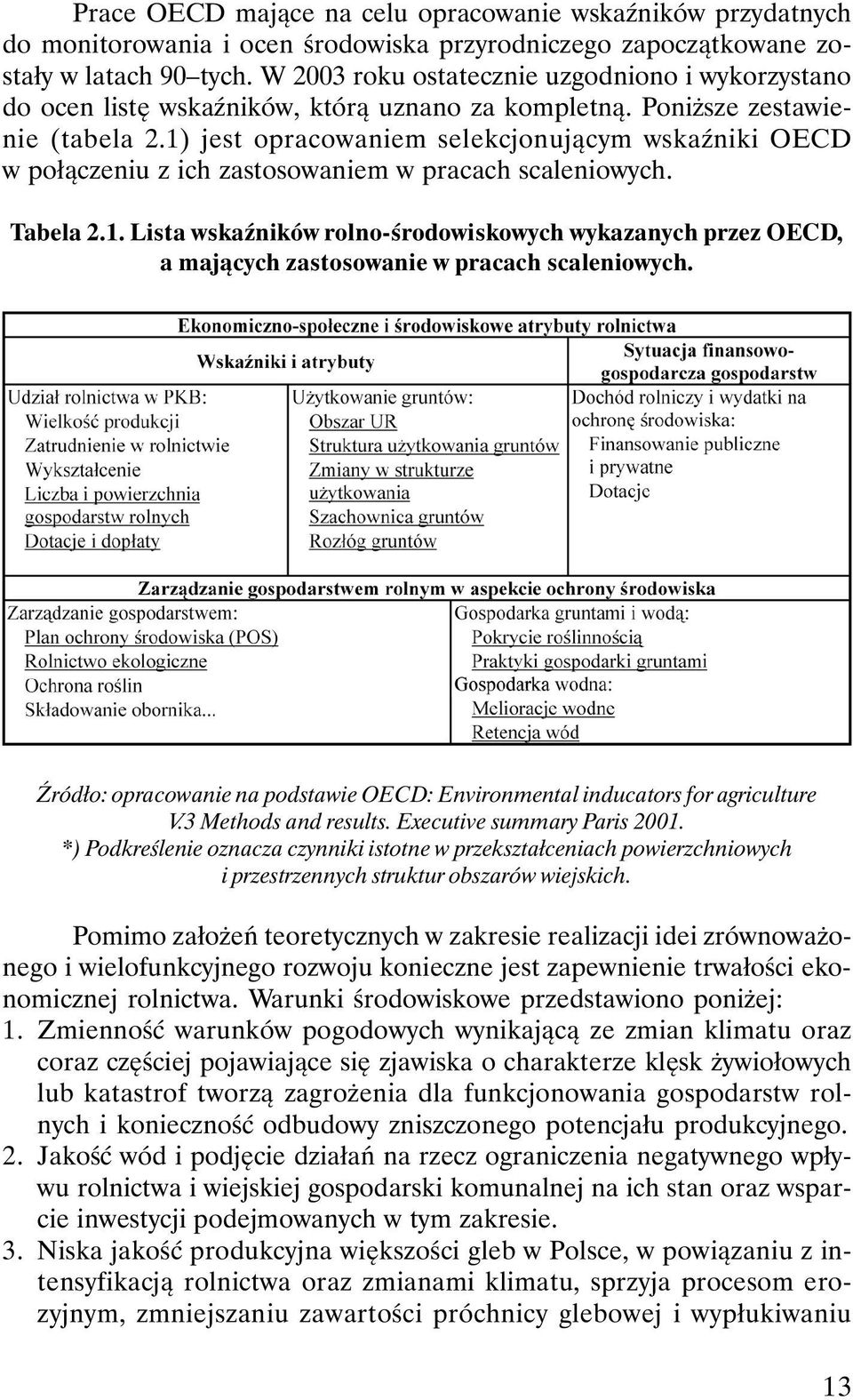 1) jest opracowaniem selekcjonującym wskaźniki OECD w połączeniu z ich zastosowaniem w pracach scaleniowych. Tabela 2.1. Lista wskaźników rolno-środowiskowych wykazanych przez OECD, a mających zastosowanie w pracach scaleniowych.