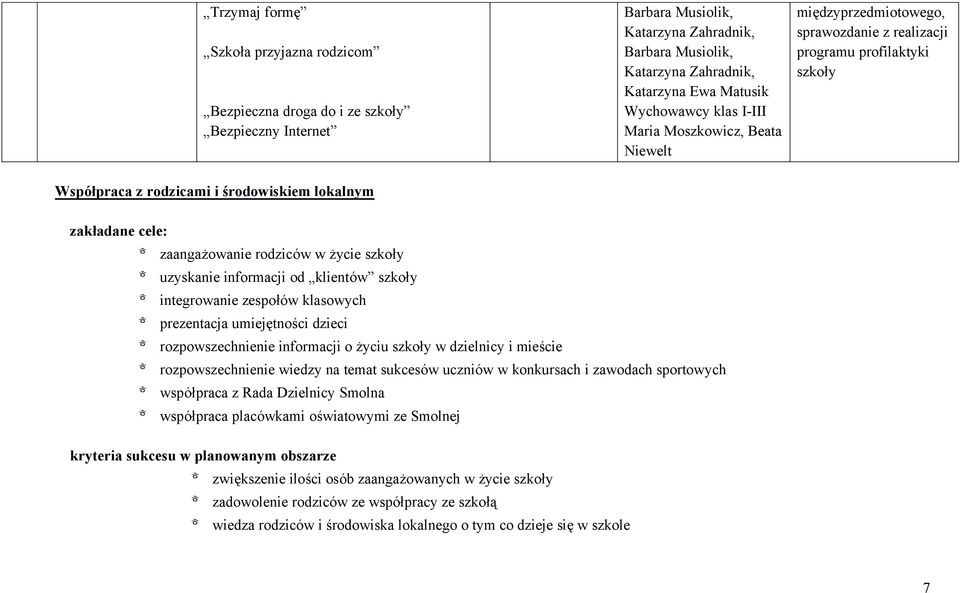 zaangażowanie rodziców w życie szkoły uzyskanie informacji od klientów szkoły integrowanie zespołów klasowych prezentacja umiejętności dzieci rozpowszechnienie informacji o życiu szkoły w dzielnicy i