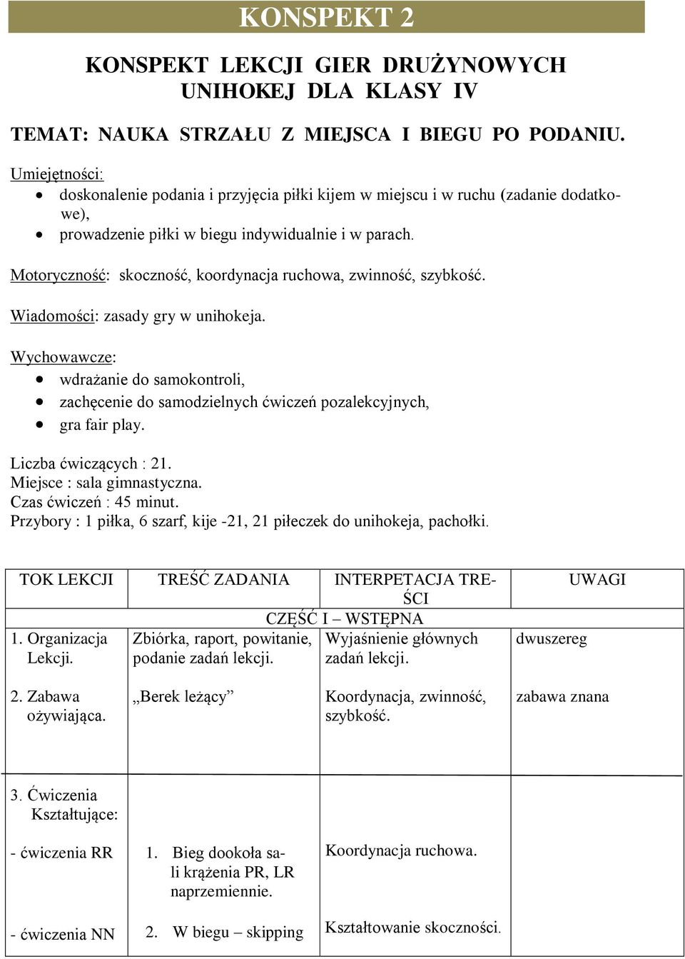 Motoryczność: skoczność, koordynacja ruchowa, zwinność, szybkość. Wiadomości: zasady gry w unihokeja.