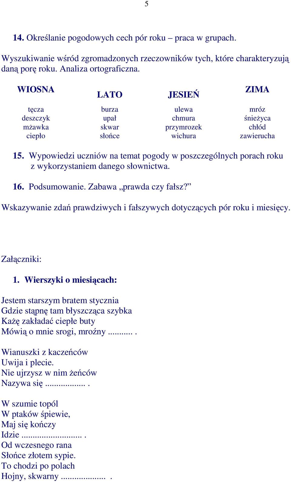 Wypowiedzi uczniów na temat pogody w poszczególnych porach roku z wykorzystaniem danego słownictwa. 16. Podsumowanie. Zabawa prawda czy fałsz?