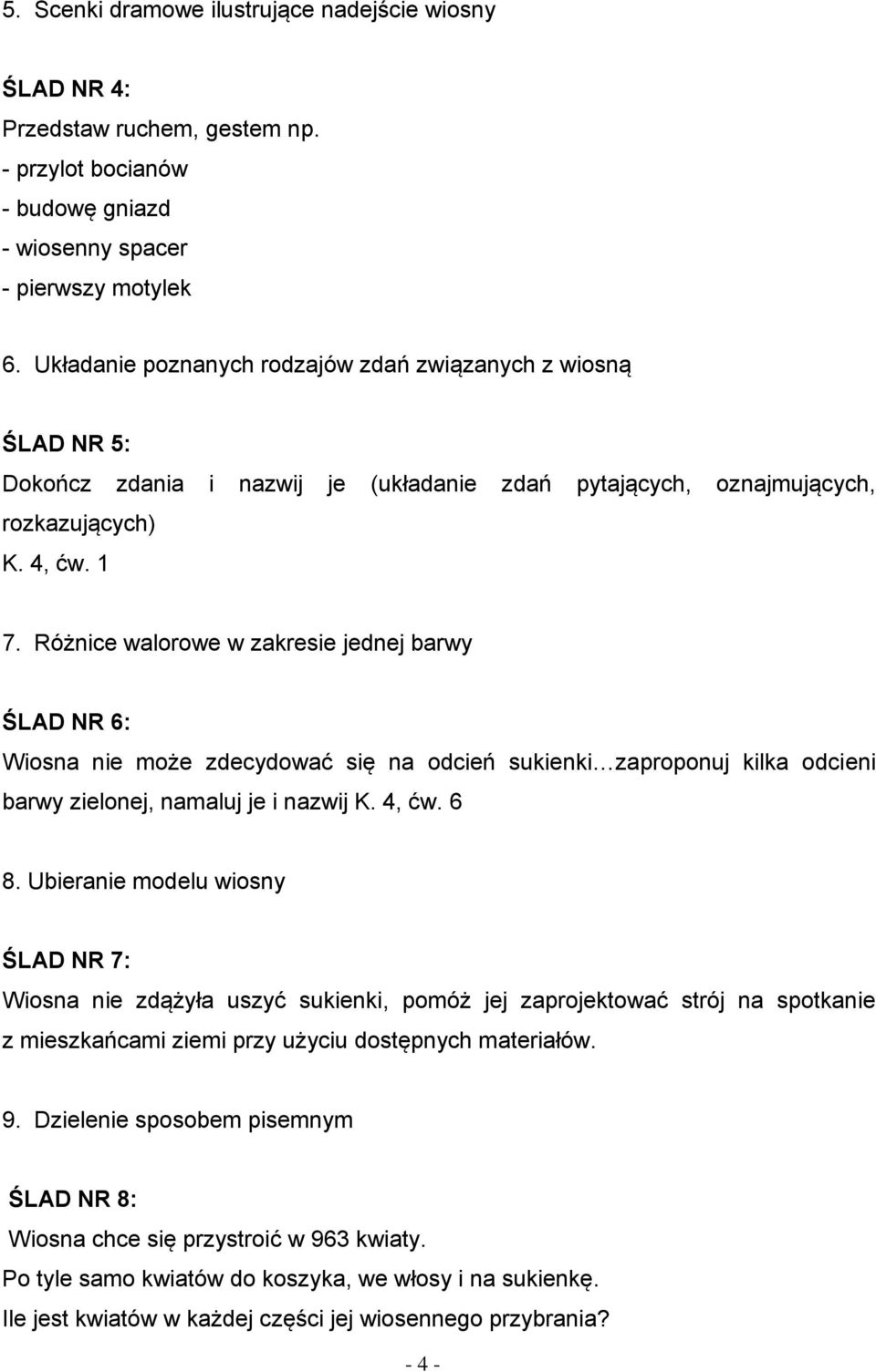 Różnice walorowe w zakresie jednej barwy ŚLAD NR 6: Wiosna nie może zdecydować się na odcień sukienki zaproponuj kilka odcieni barwy zielonej, namaluj je i nazwij K. 4, ćw. 6 8.