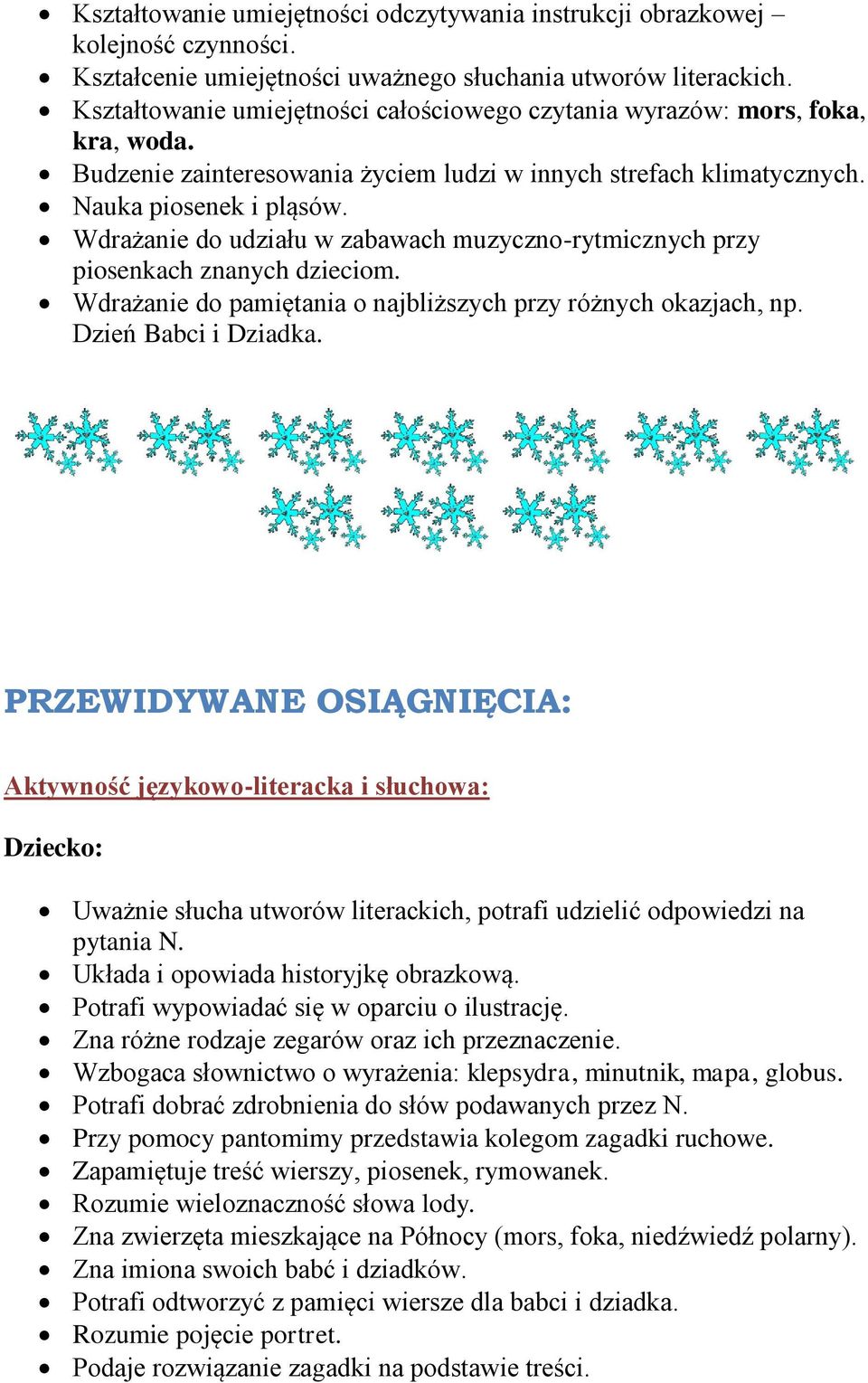 Wdrażanie do udziału w zabawach muzyczno-rytmicznych przy piosenkach znanych dzieciom. Wdrażanie do pamiętania o najbliższych przy różnych okazjach, np. Dzień Babci i Dziadka.