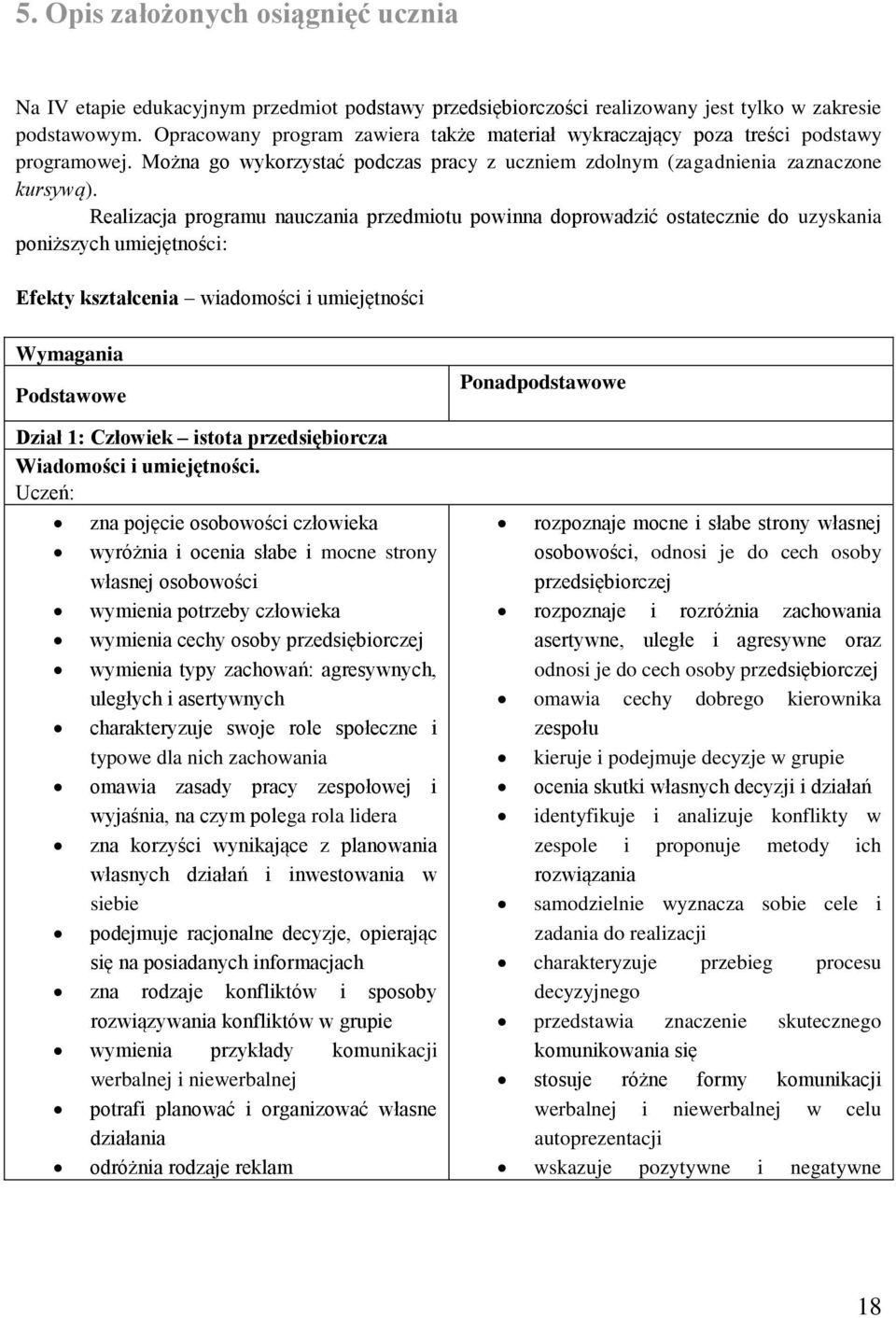 Realizacja programu nauczania przedmiotu powinna doprowadzić ostatecznie do uzyskania poniższych umiejętności: Efekty kształcenia wiadomości i umiejętności Wymagania Podstawowe Dział 1: Człowiek