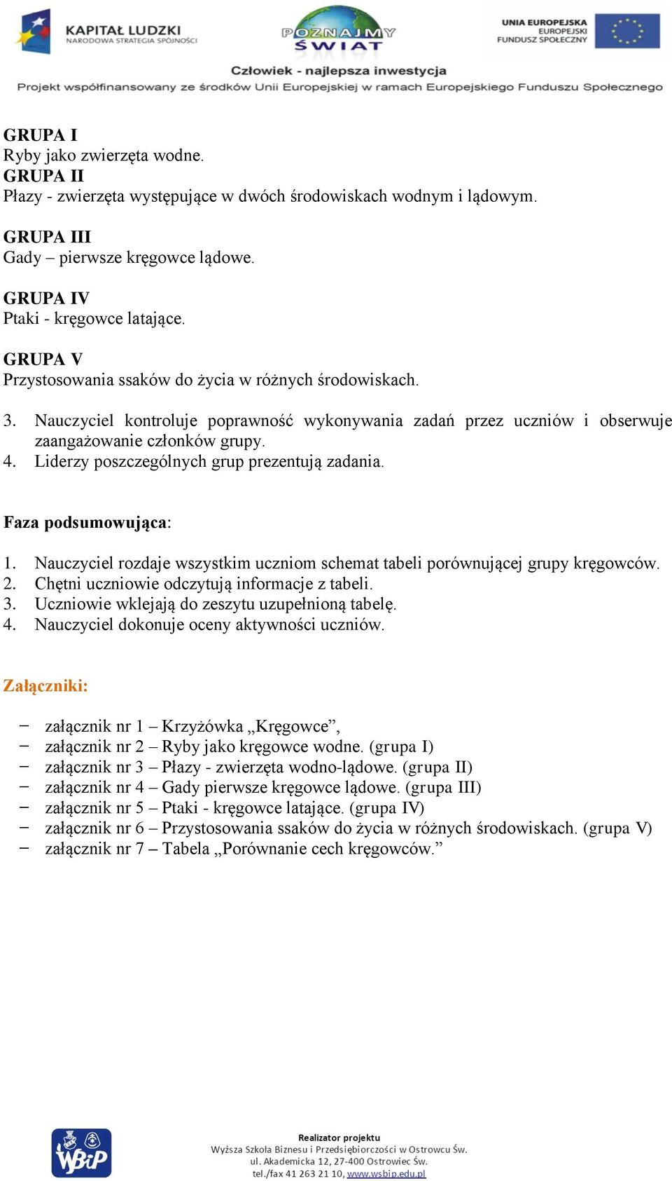 Liderzy poszczególnych grup prezentują zadania. Faza podsumowująca: 1. Nauczyciel rozdaje wszystkim uczniom schemat tabeli porównującej grupy kręgowców. 2.