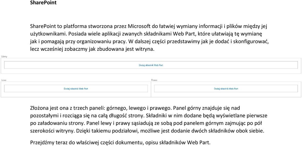 W dalszej części przedstawimy jak je dodać i skonfigurować, lecz wcześniej zobaczmy jak zbudowana jest witryna. Złożona jest ona z trzech paneli: górnego, lewego i prawego.