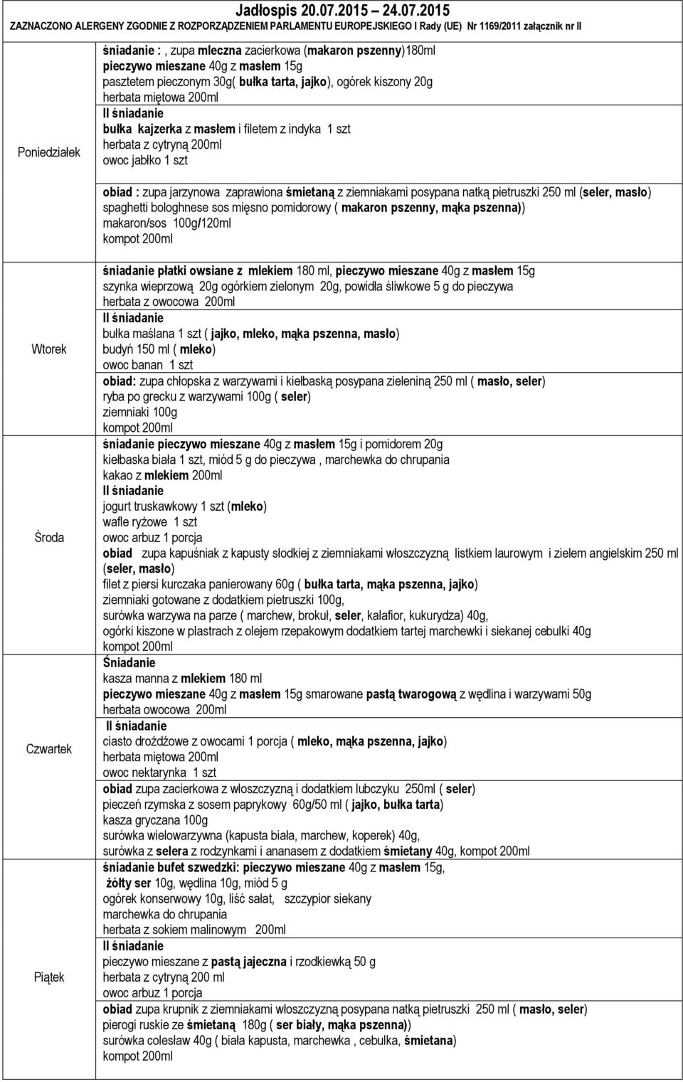 2015 ZAZNACZONO ALERGENY ZGODNIE Z ROZPORZĄDZENIEM PARLAMENTU EUROPEJSKIEGO I Rady (UE) Nr 1169/2011 załącznik nr II śniadanie :, zupa mleczna zacierkowa (makaron pszenny)180ml pieczywo mieszane 40g