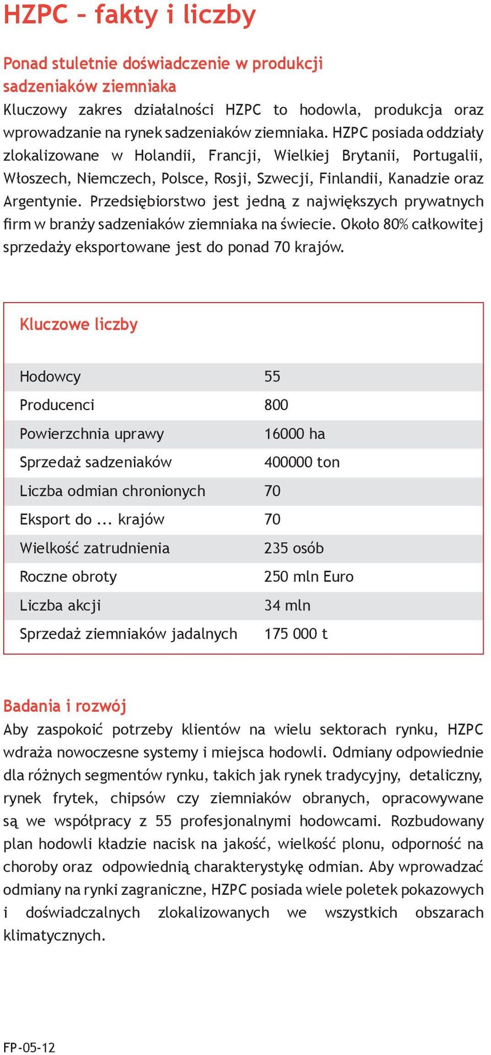 Przedsiębiorstwo jest jedną z największych prywatnych firm w branży sadzeniaków ziemniaka na świecie. Około 80% całkowitej sprzedaży eksportowane jest do ponad 70 krajów.