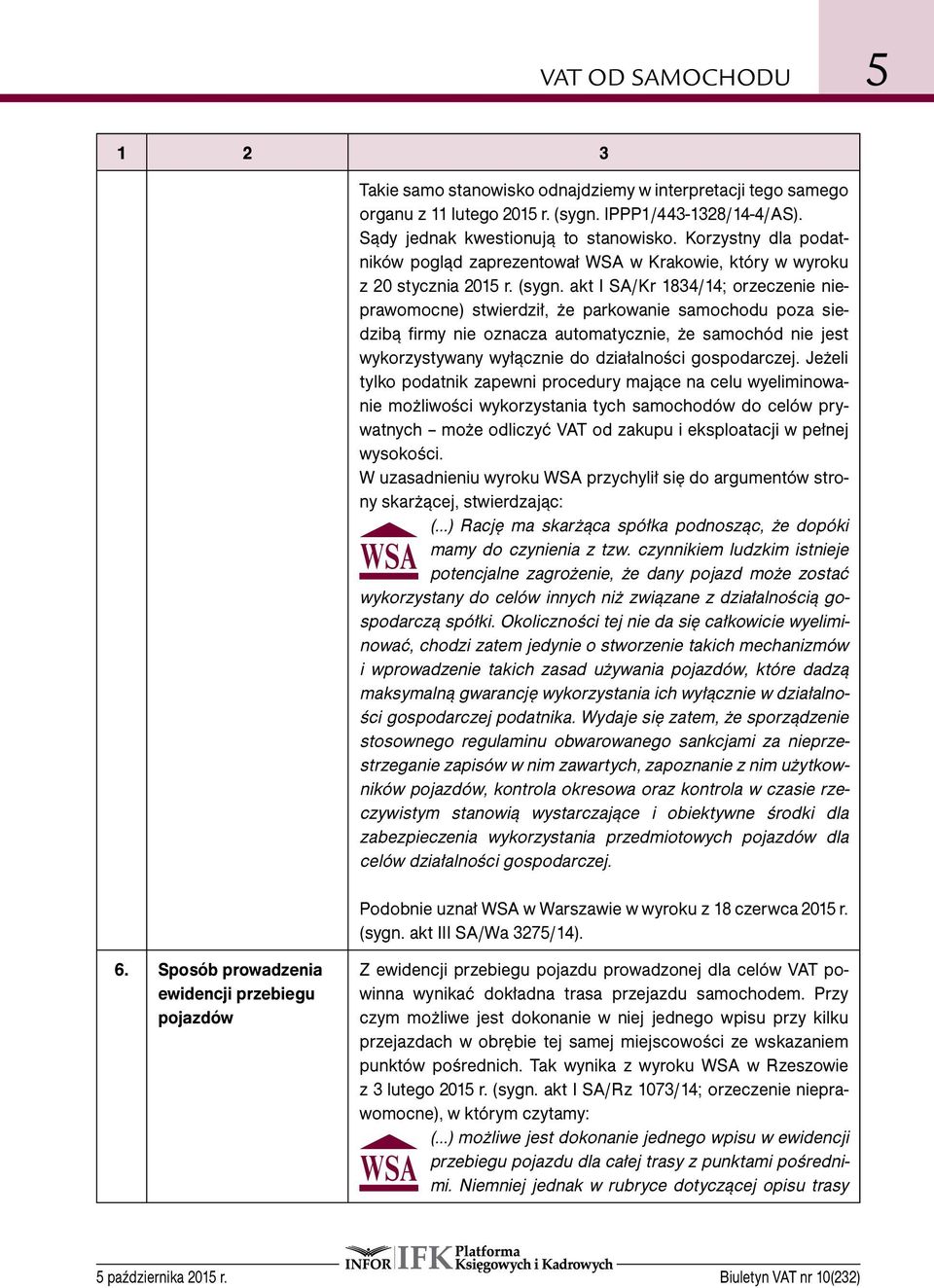 akt I SA/Kr 1834/14; orzeczenie nieprawomocne) stwierdził, że parkowanie samochodu poza siedzibą firmy nie oznacza automatycznie, że samochód nie jest wykorzystywany wyłącznie do działalności