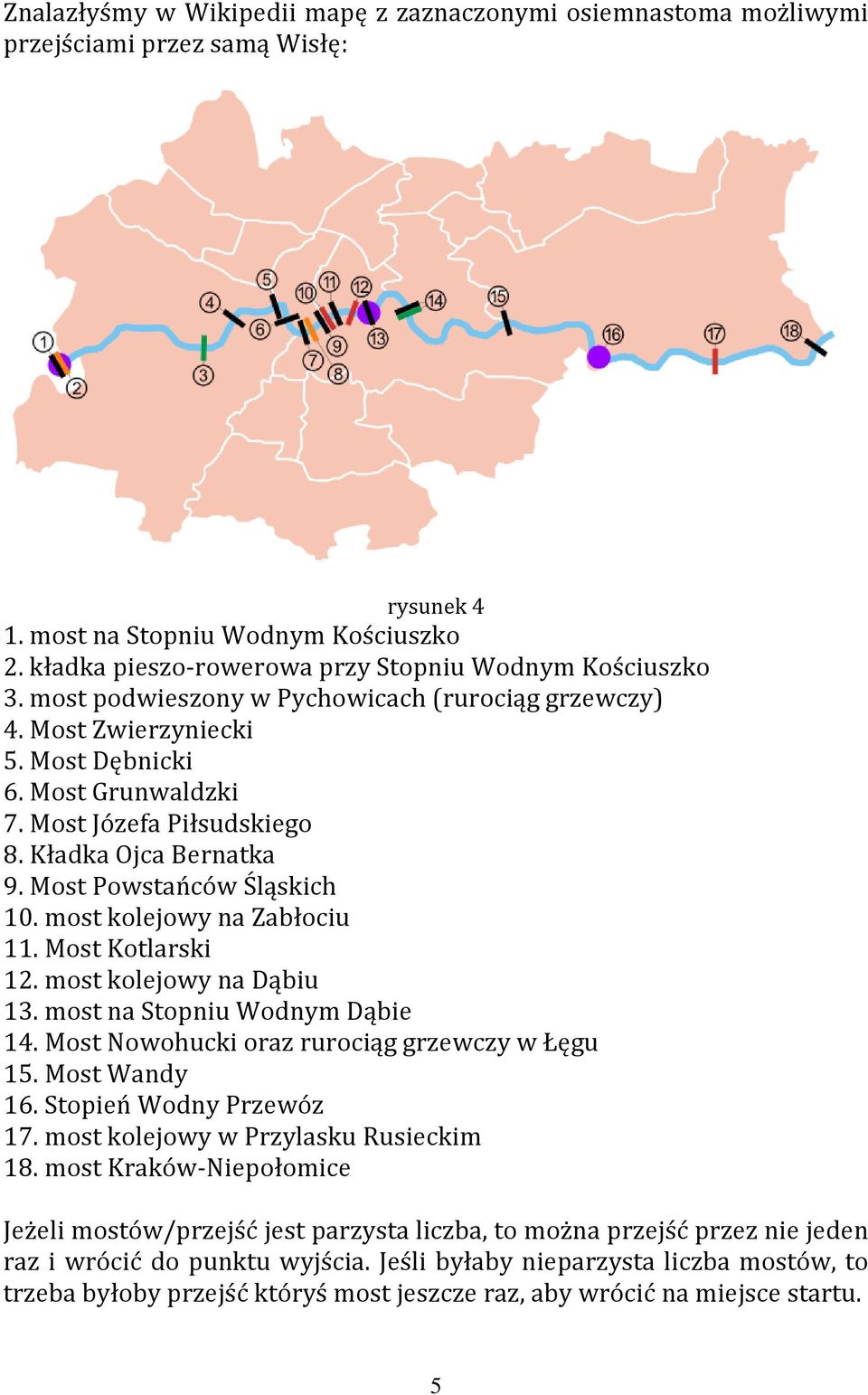 Kładka Ojca Bernatka 9. Most Powstańców Śląskich 10. most kolejowy na Zabłociu 11. Most Kotlarski 12. most kolejowy na Dąbiu 13. most na Stopniu Wodnym Dąbie 14.