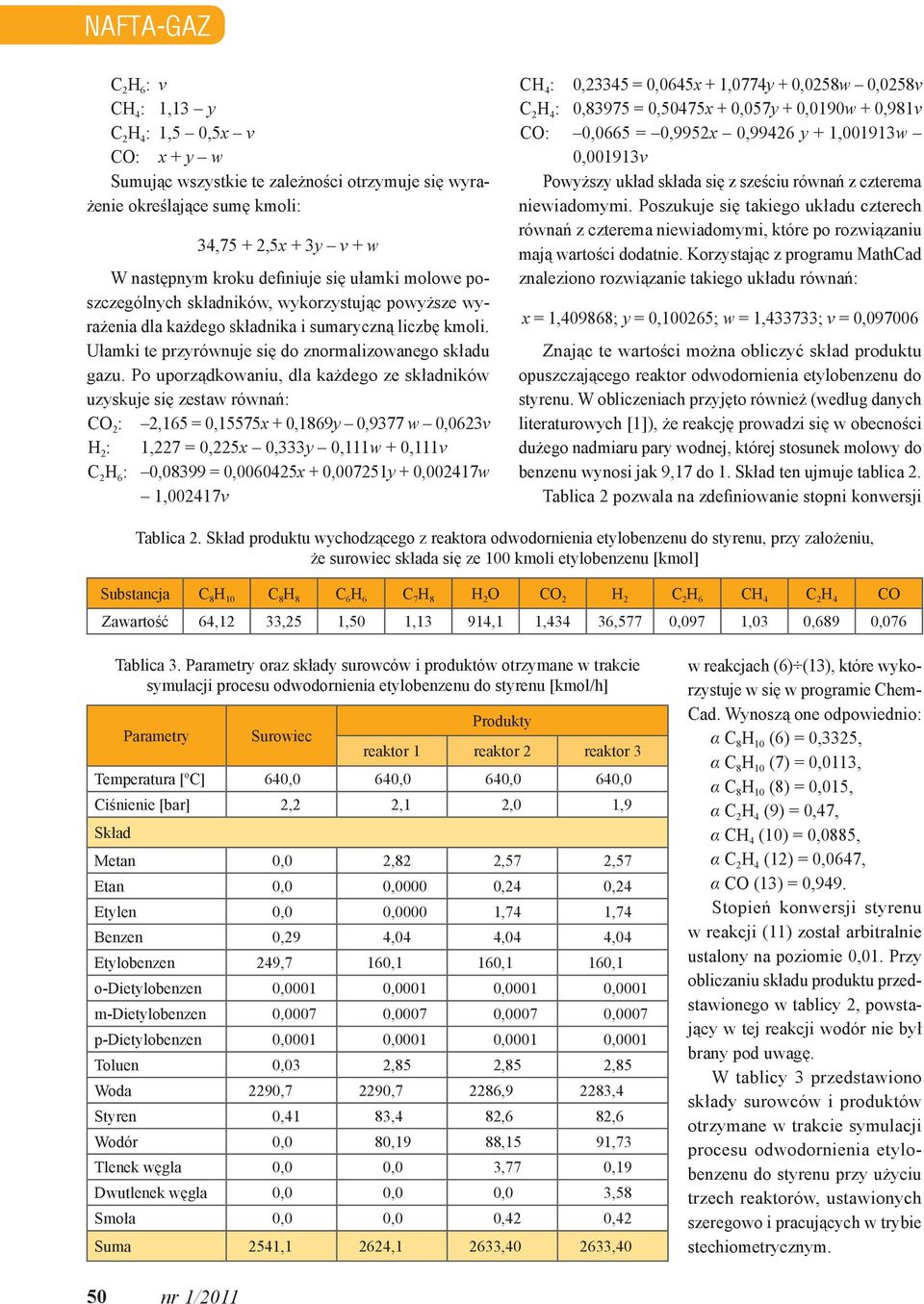 Po uporządkowanu, dla każdego ze składnków uzyskuje sę zestaw równań: CO 2 : 2,165 = 0,15575x + 0,1869y 0,9377 w 0,0623v H 2 : 1,227 = 0,225x 0,333y 0,111w + 0,111v C 2 H 6 : 0,08399 = 0,0060425x +