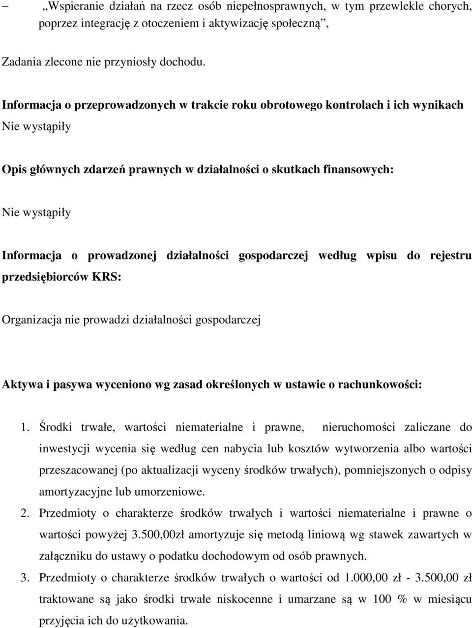 prowadzonej działalności gospodarczej według wpisu do rejestru przedsiębiorców KRS: Organizacja nie prowadzi działalności gospodarczej Aktywa i pasywa wyceniono wg zasad określonych w ustawie o