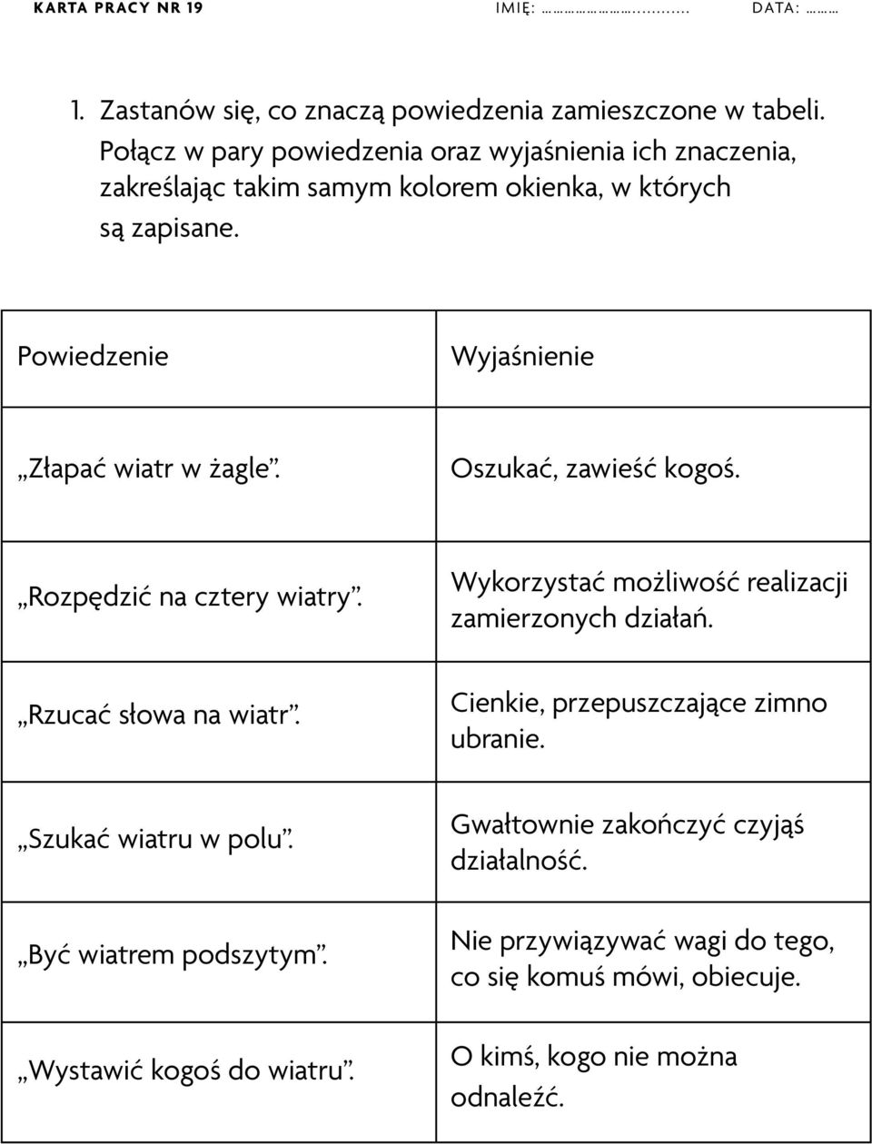 Powiedzenie Wyjaśnienie Złapać wiatr w żagle. Oszukać, zawieść kogoś. Rozpędzić na cztery wiatry. Rzucać słowa na wiatr.