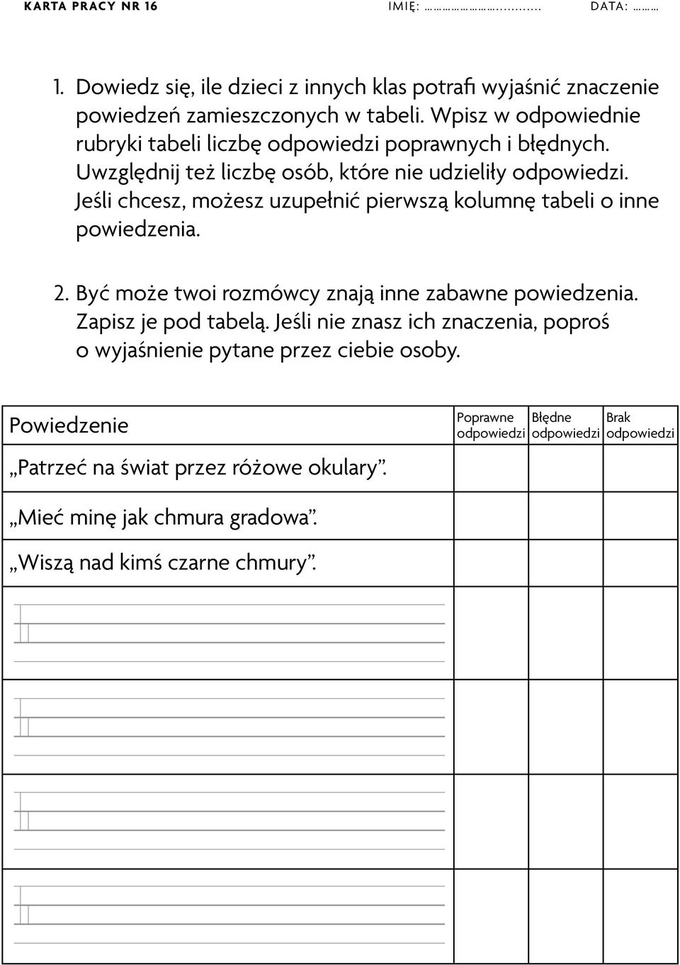 Jeśli chcesz, możesz uzupełnić pierwszą kolumnę tabeli o inne powiedzenia. 2. Być może twoi rozmówcy znają inne zabawne powiedzenia. Zapisz je pod tabelą.