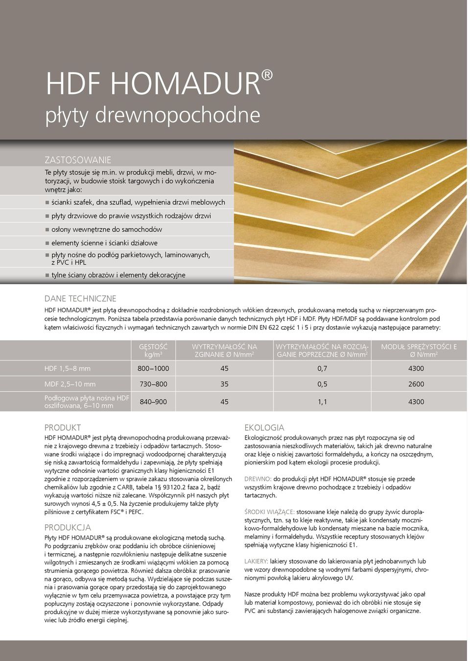 rodzajów drzwi nosłony wewnętrzne do samochodów nelementy ścienne i ścianki działowe npłyty nośne do podłóg parkietowych, laminowanych, z PVC i HPL ntylne ściany obrazów i elementy dekoracyjne HDF