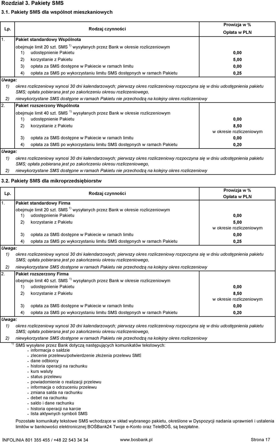 wykorzystaniu limitu SMS dostępnych w ramach Pakietu 0,25 okres rozliczeniowy wynosi 30 dni kalendarzowych; pierwszy okres rozliczeniowy rozpoczyna się w dniu udostępnienia pakietu SMS; opłata