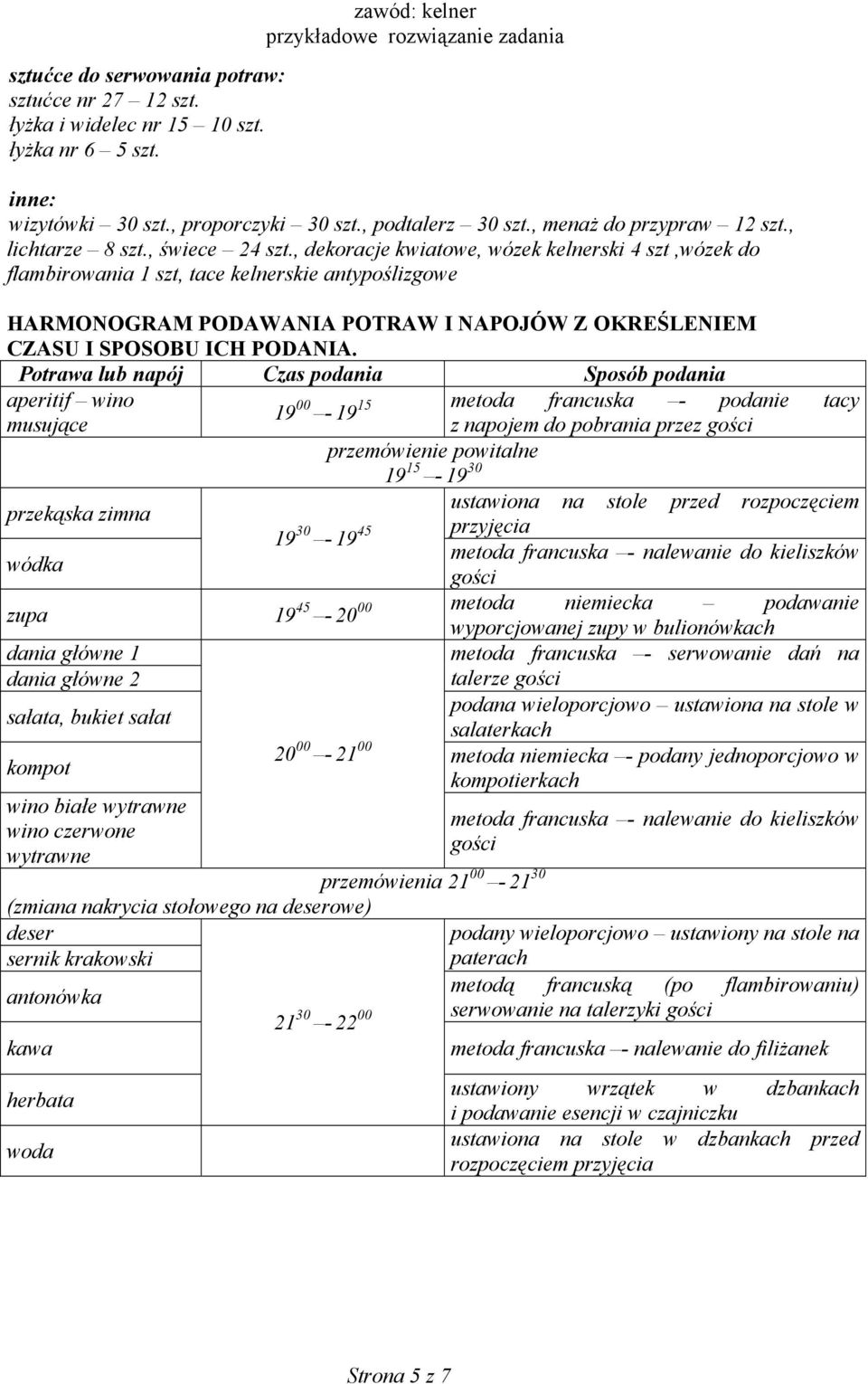 , dekoracje kwiatowe, wózek kelnerski 4 szt,wózek do flambirowania 1 szt, tace kelnerskie antypoślizgowe HARMONOGRAM PODAWANIA POTRAW I NAPOJÓW Z OKREŚLENIEM CZASU I SPOSOBU ICH PODANIA.