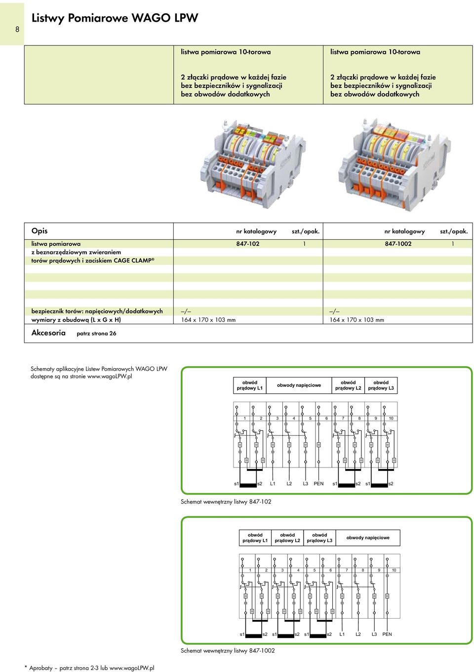 obudową (L G H) Akcesoria patrz strona 26 / 164 170 103 mm / 164 170 103 mm Schematy aplikacyjne Listew Pomiarowych WAGO LPW dostępne są na stronie www.