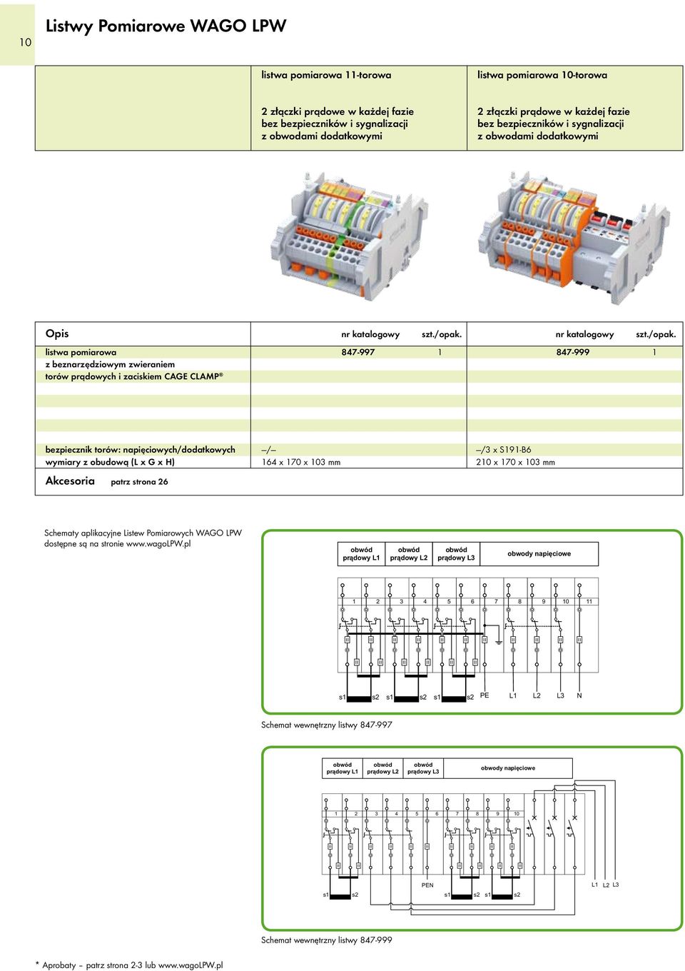 wymiary z obudową (L G H) Akcesoria patrz strona 26 / 164 170 103 mm /3 S191-B6 210 170 103 mm Schematy aplikacyjne Listew Pomiarowych WAGO LPW dostępne są na stronie www.