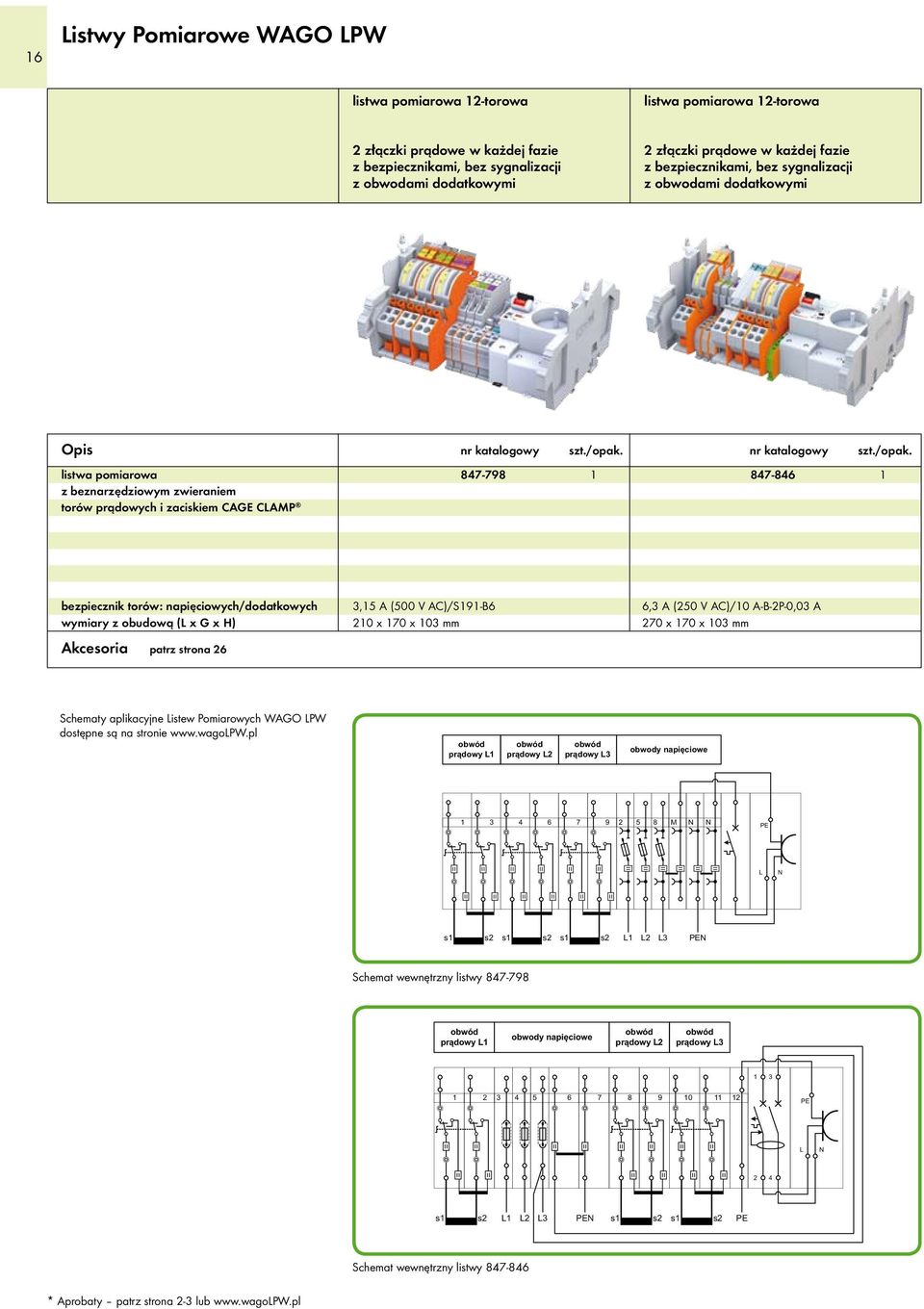 Akcesoria patrz strona 26 3,15 A (500 V AC)/S191-B6 210 170 103 mm 6,3 A (250 V AC)/10 A-B-2P-0,03 A 270 170 103 mm Schematy aplikacyjne Listew Pomiarowych WAGO LPW dostępne są na stronie www.