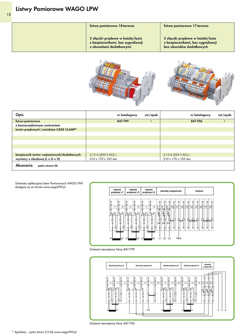 V AC)/ 210 170 103 mm 3,15 A (250 V AC)/ 210 170 103 mm Akcesoria patrz strona 26 Schematy aplikacyjne Listew Pomiarowych WAGO LPW dostępne są na stronie www.wagolpw.