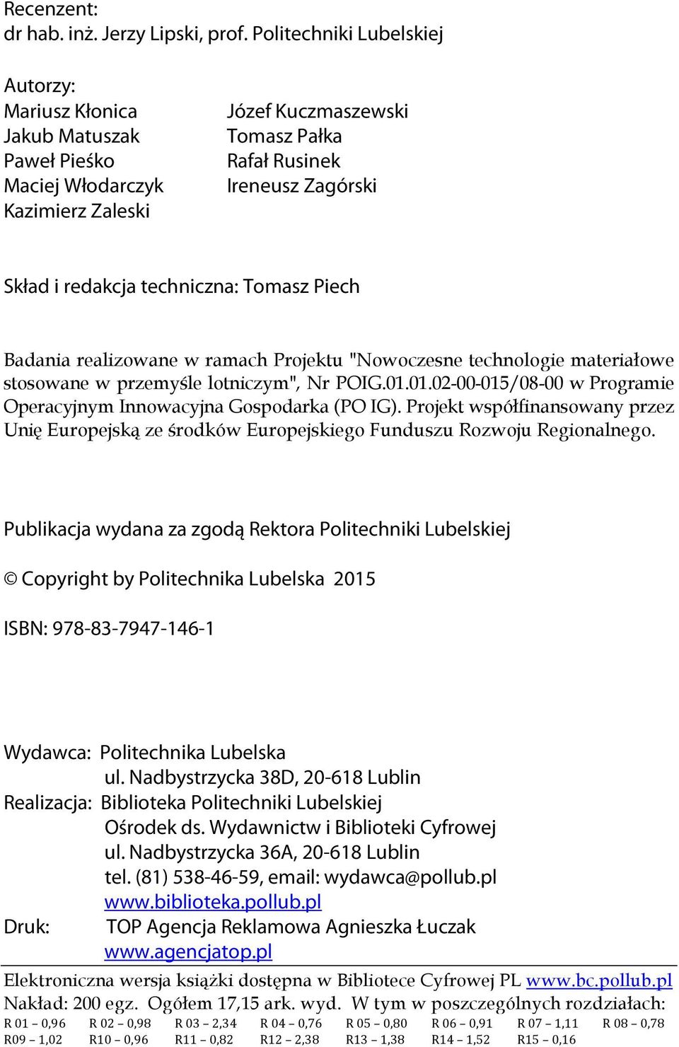 techniczna: Tomasz Piech Badania realizowane w ramach Projektu "Nowoczesne technologie materiałowe stosowane w przemyśle lotniczym", Nr POIG.01.