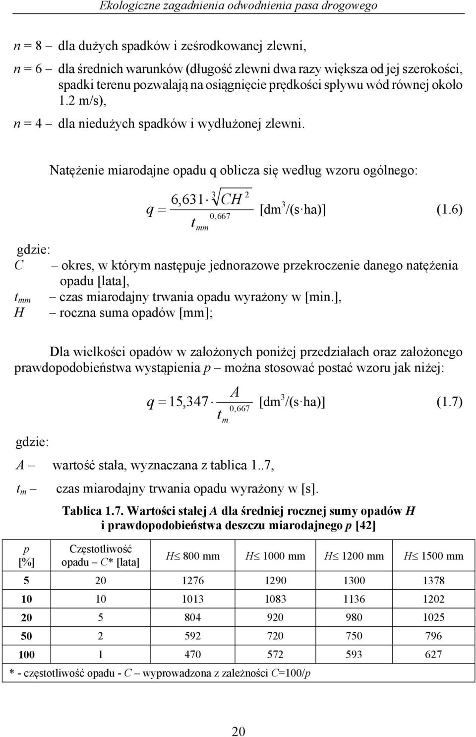 6) 0,667 t mm gdzie: C okres, w którym następuje jednorazowe przekroczenie danego natężenia opadu [lata], t mm czas miarodajny trwania opadu wyrażony w [min.