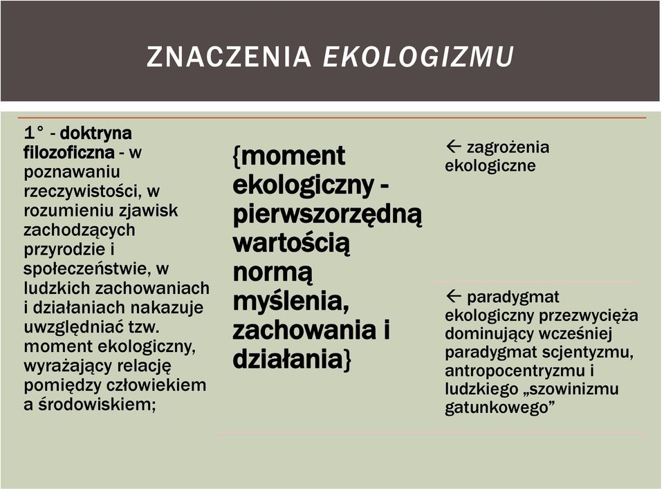 moment ekologiczny, wyrażający relację pomiędzy człowiekiem a środowiskiem; {moment ekologiczny - pierwszorzędną wartością normą