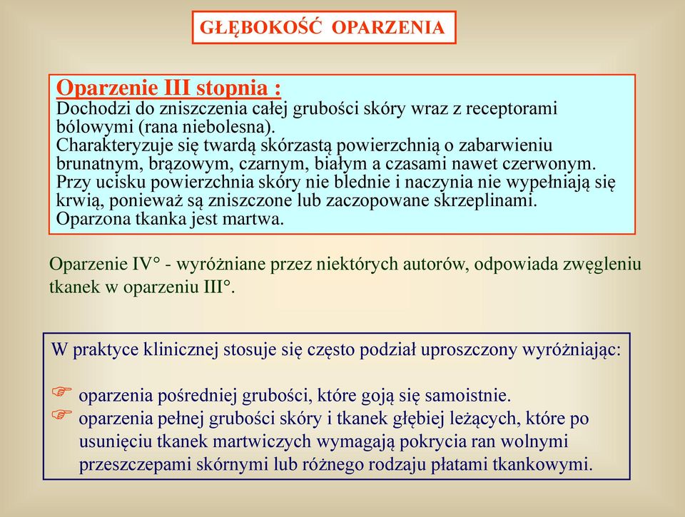 Przy ucisku powierzchnia skóry nie blednie i naczynia nie wypełniają się krwią, ponieważ są zniszczone lub zaczopowane skrzeplinami. Oparzona tkanka jest martwa.