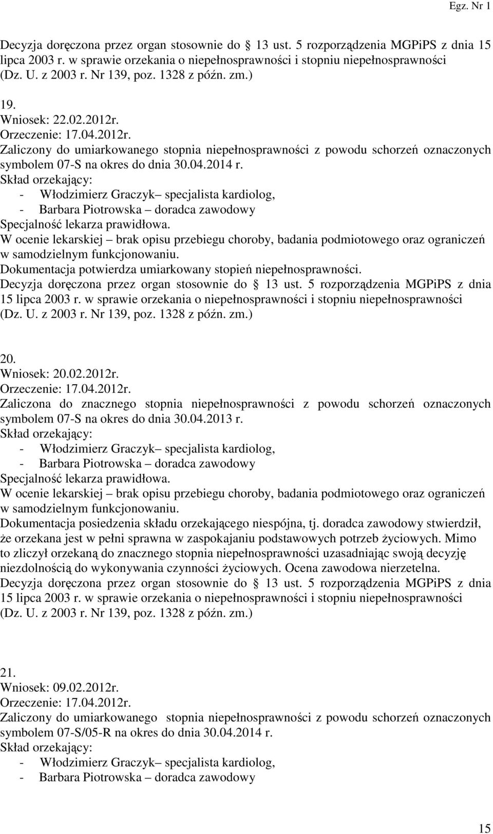 Skład orzekający: - Włodzimierz Graczyk specjalista kardiolog, - Barbara Piotrowska doradca zawodowy Specjalność lekarza prawidłowa.