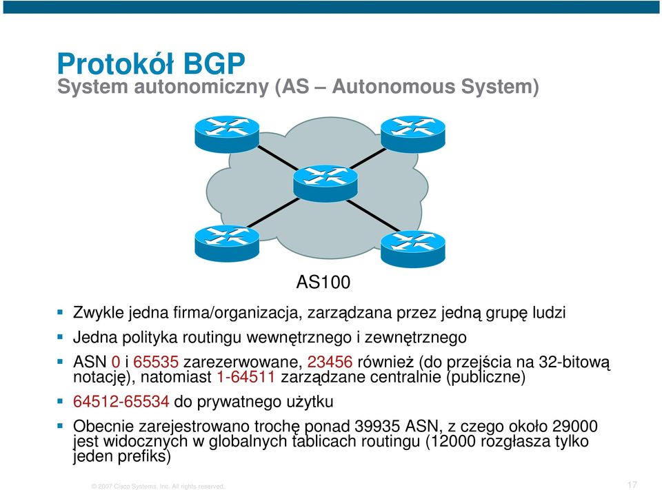 1-64511 zarządzane centralnie (publiczne) 64512-65534 do prywatnego uŝytku Obecnie zarejestrowano trochę ponad 39935 ASN, z czego około