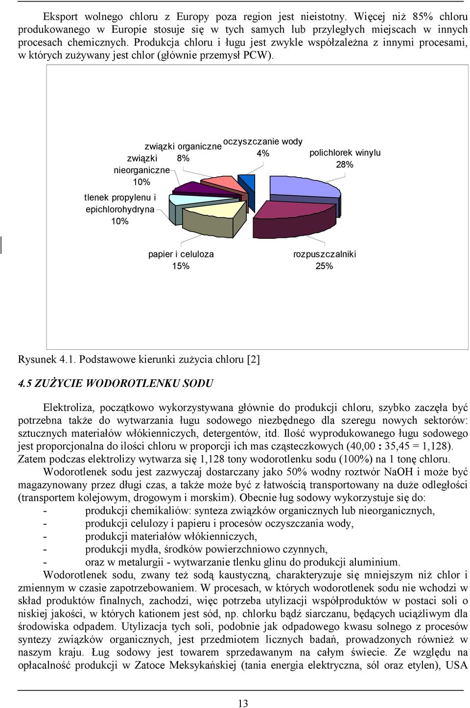 związki nieorganiczne 10% tlenek propylenu i epichlorohydryna 10% związki organiczne 8% oczyszczanie wody 4% polichlorek winylu 28% papier i celuloza 15% rozpuszczalniki 25% Rysunek 4.1. Podstawowe kierunki zużycia chloru [2] 4.
