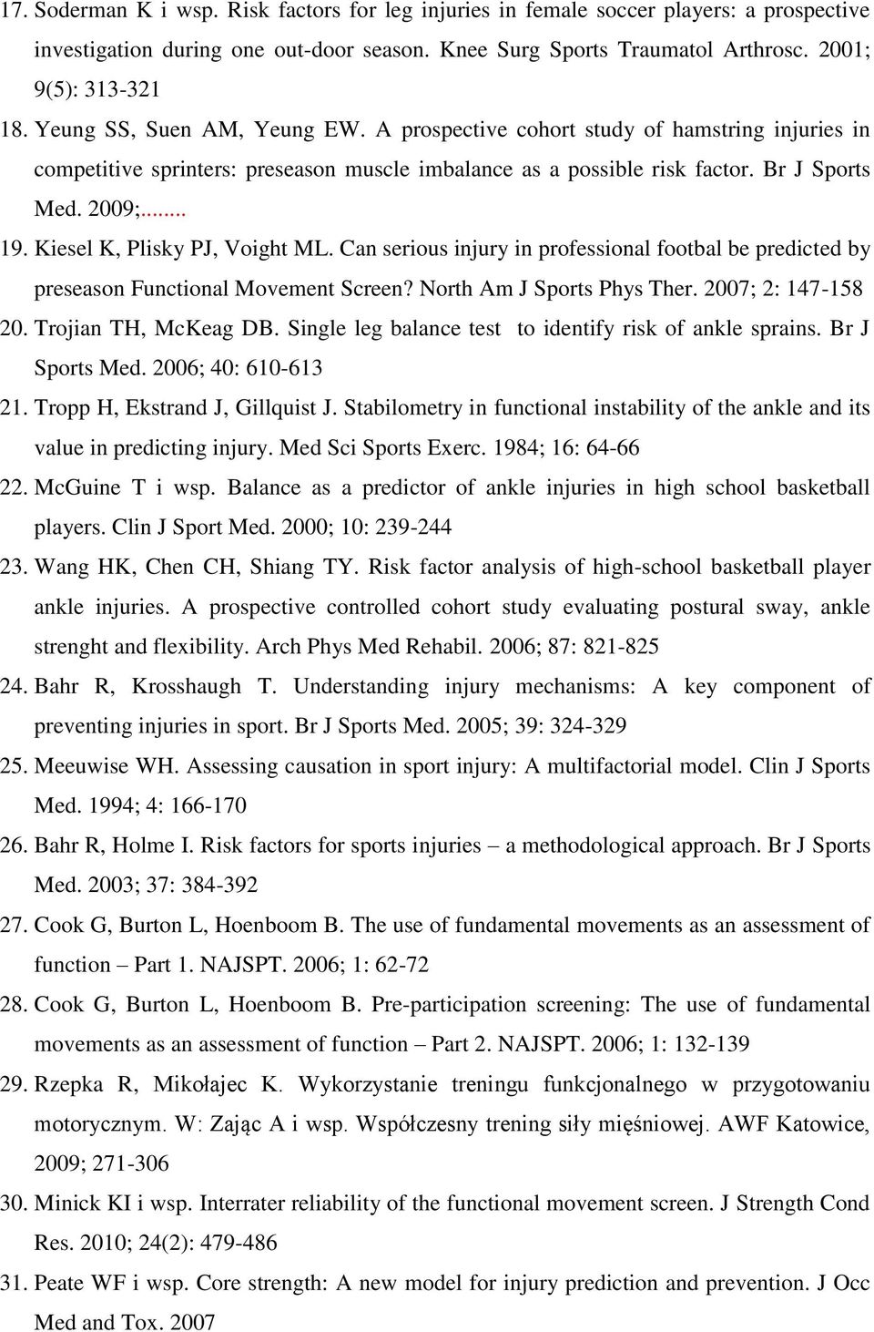 Kiesel K, Plisky PJ, Voight ML. Ca serious ijury i professioal footbal be predicted by preseaso Fuctioal Movemet Scree? North Am J Sports Phys Ther. 2007; 2: 147-158 20. Trojia TH, McKeag DB.